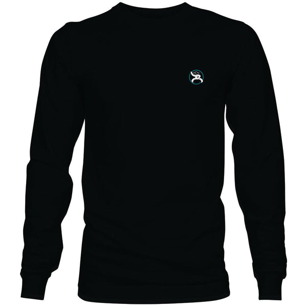 front view of the Youth Roughy Tribe black long sleeve shirt with blue and white Hooey logo