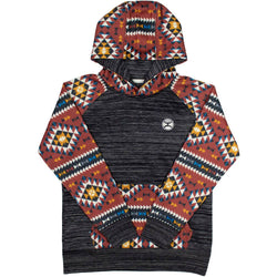 Youth Summit charcoal hoody with red, blue, and gold Aztec pattern on sleeves, hood, and pocket