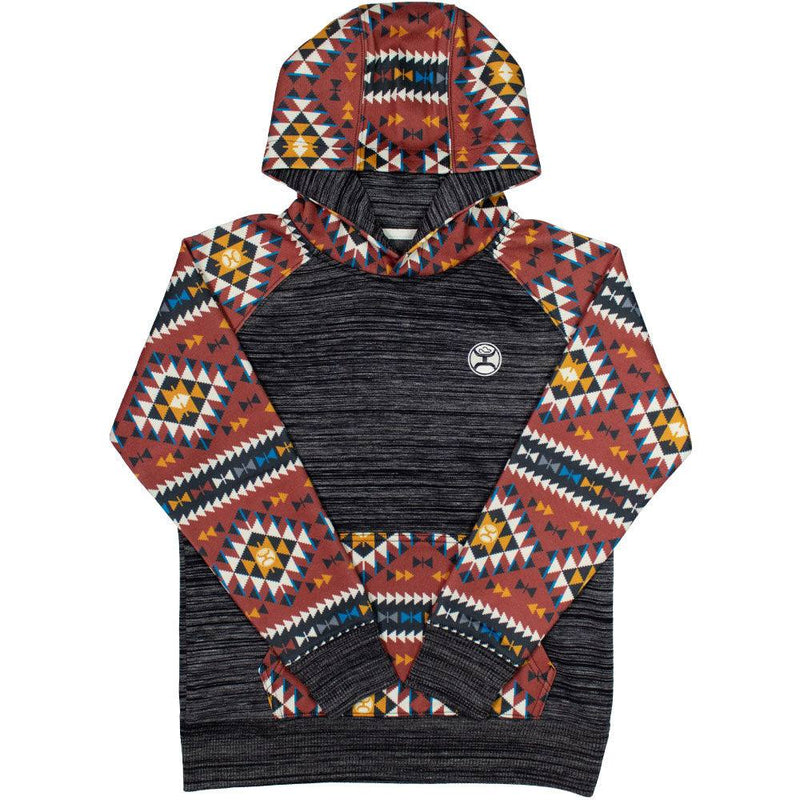 Youth Summit charcoal hoody with red, blue, and gold Aztec pattern on sleeves, hood, and pocket