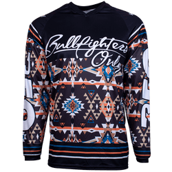 front of the BFO Jersey with navy, blue, orange, and white Aztec pattern