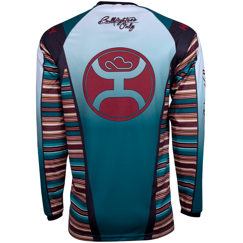 back of the BFO jersey in turquoise and serape with red Hooey logo