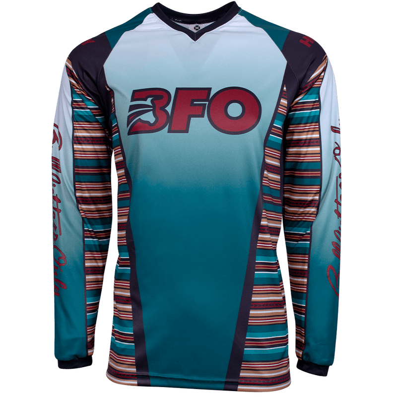 BFO jesey in turquoise and serape with red BFO logo