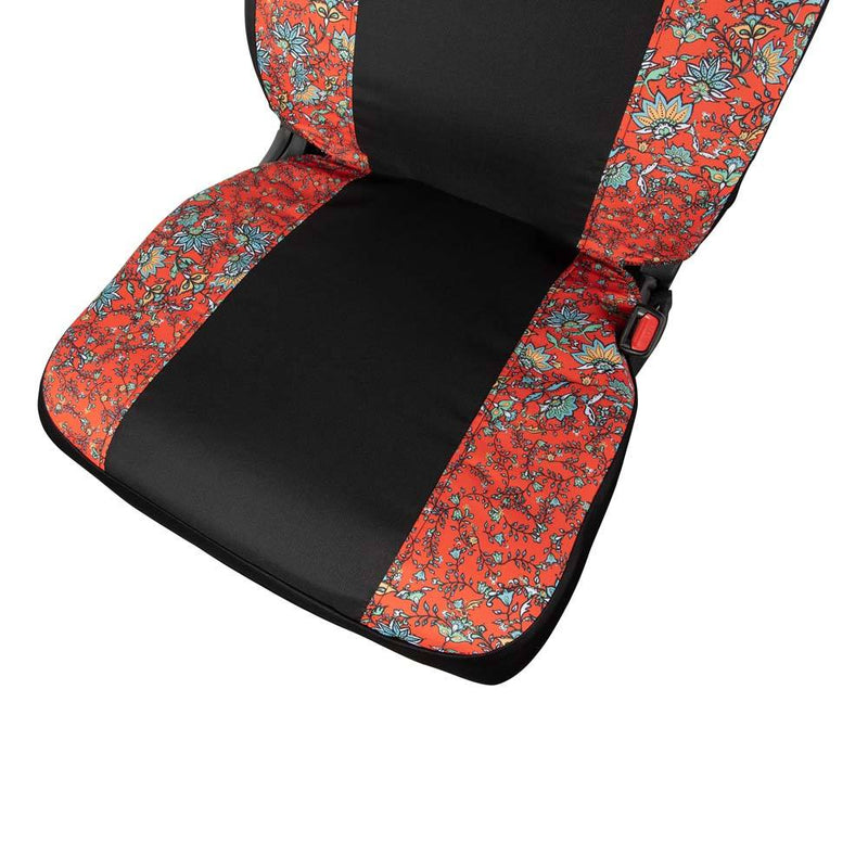 close up of the seat portion of western floral red hooey seat cover