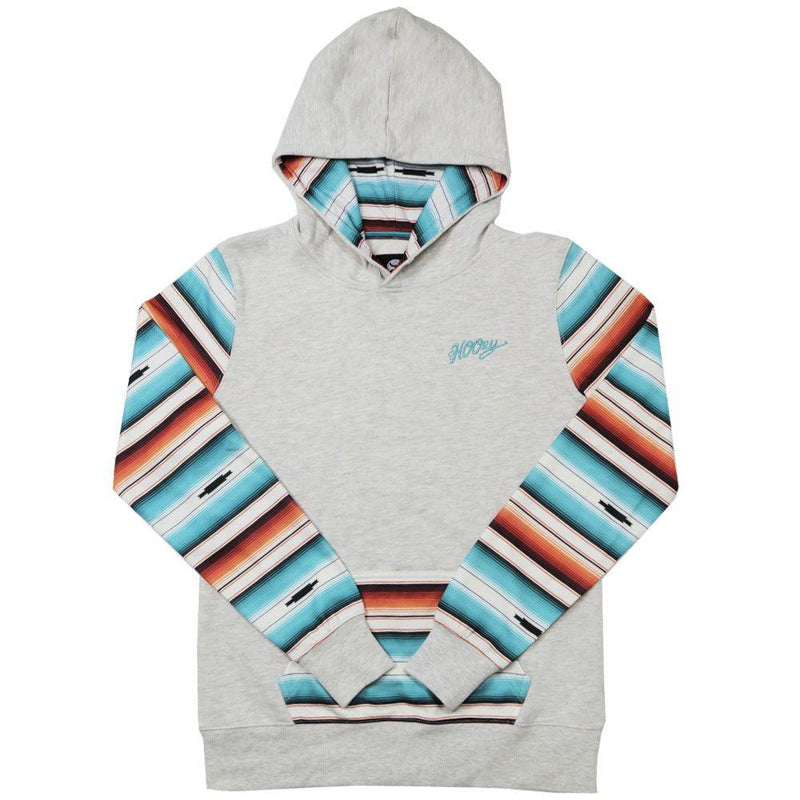 Mojave youth hoody in light grey with blue, red, black. white serape pattern on sleeves, pocket, and hood lining
