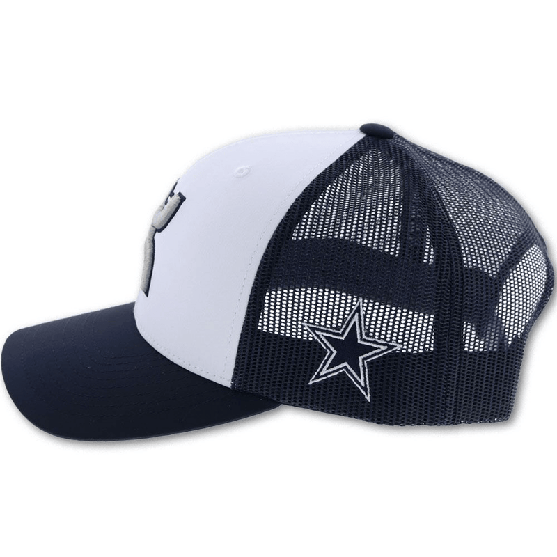 blue and white dallas cowboys hat with hooey logo (side view star)